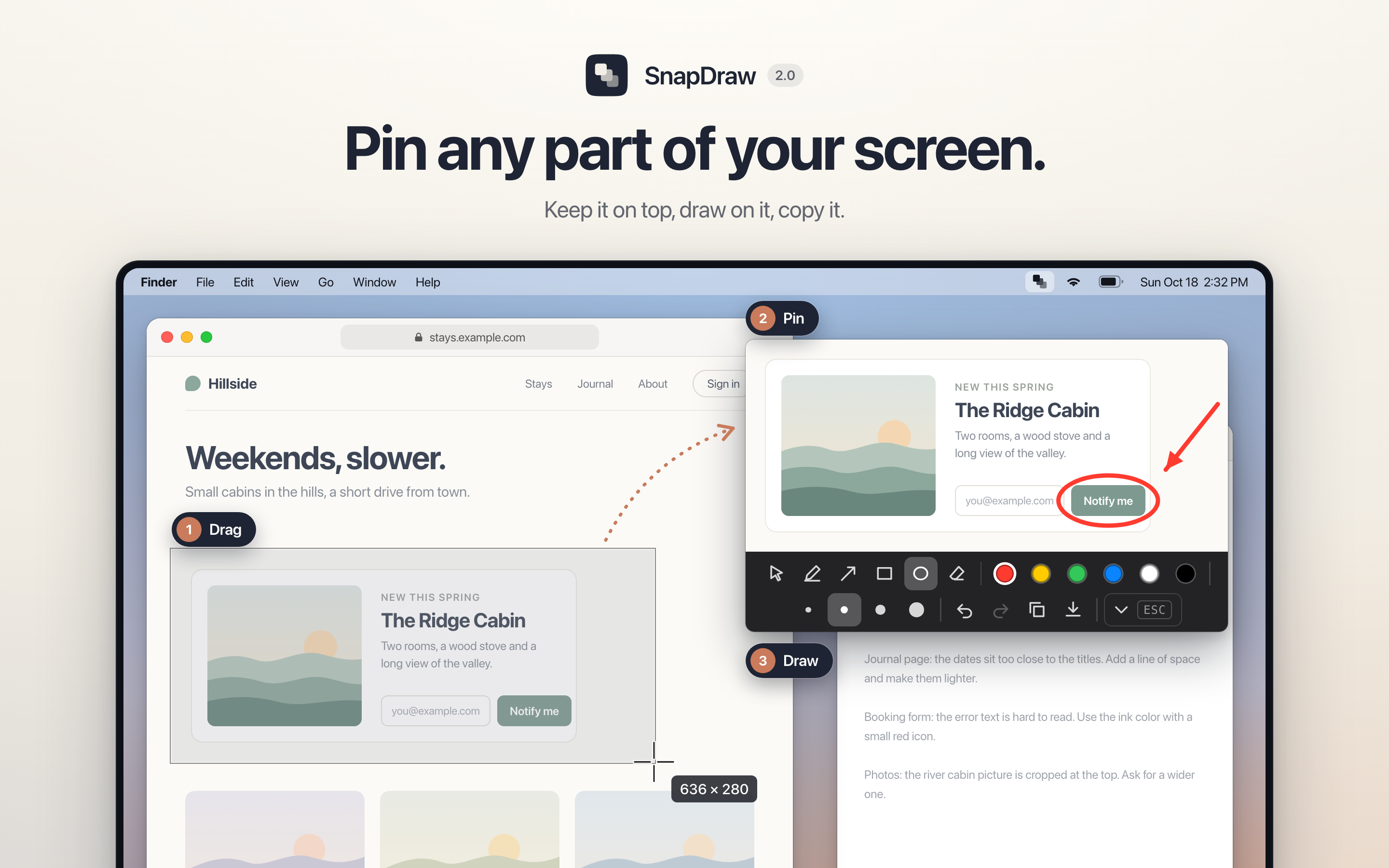 Pin any part of your screen: drag over part of a web page, pin it, draw on it