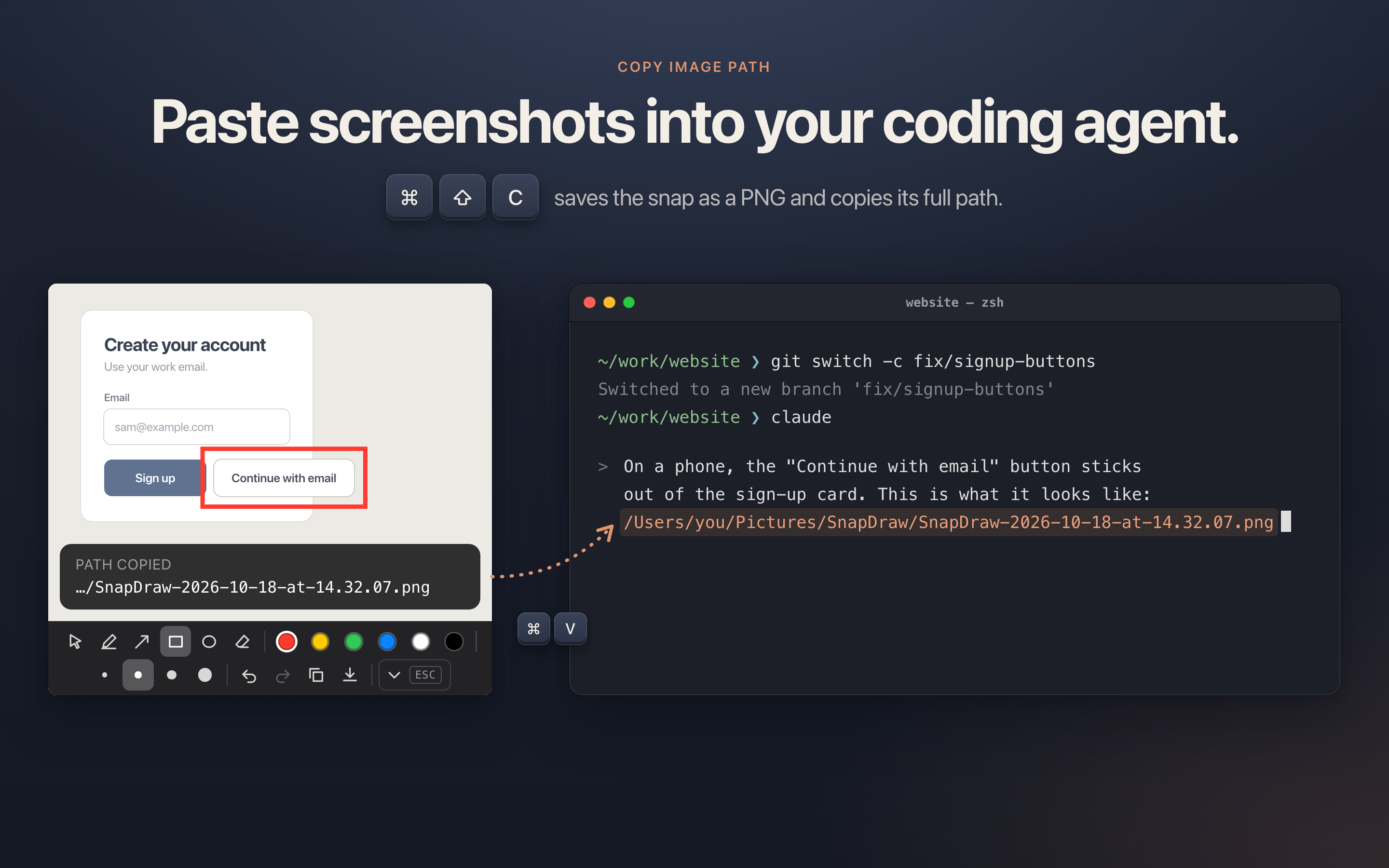 Copy Image Path: the full path of a snap pasted into a coding agent prompt in the terminal