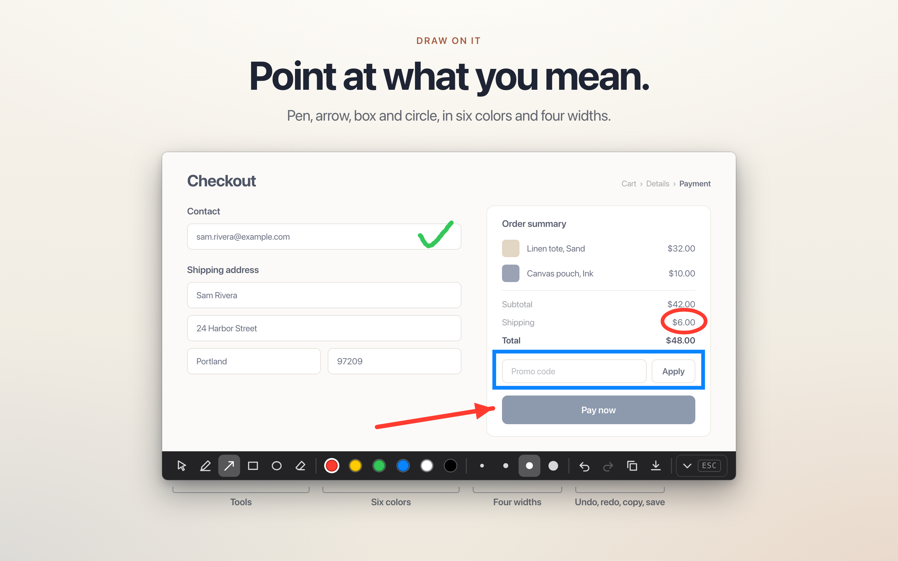 A checkout page snap with an arrow, a box, a circle and a pen tick, and the drawing tools below it